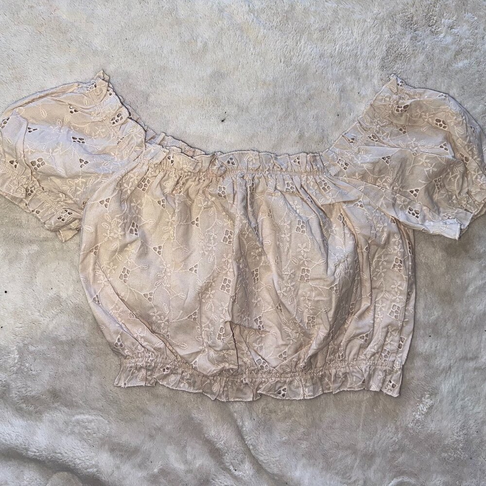 Off White Cream Eyelet Cropped Off Shoulder Top - Picture 8 of 16